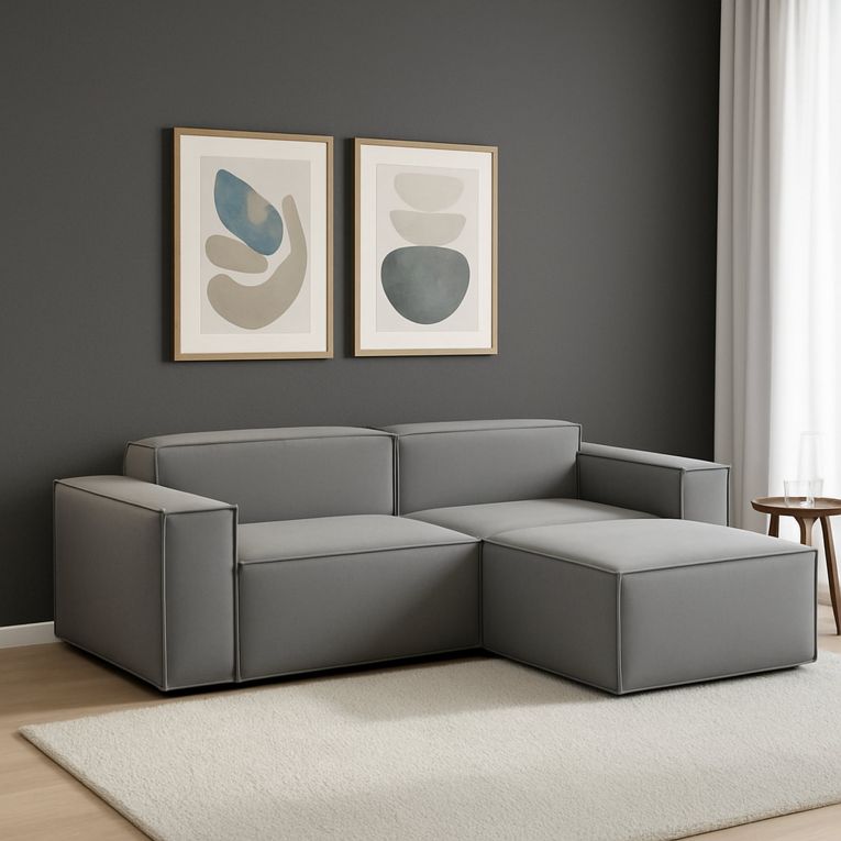 Sofa in legno e ferro rivestito in tessuto grigio 220x170x70h cm - Amuleto