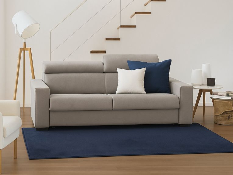 Sofa in legno e ferro rivestito in tessuto tortora 220x95x85h cm - Matrice