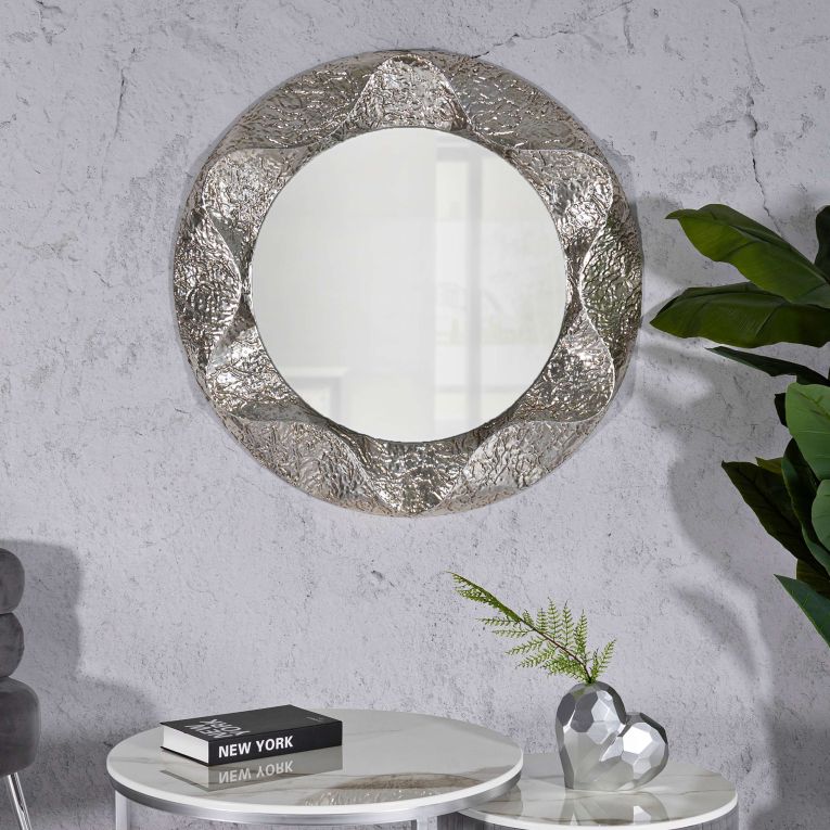 Specchio Argento Trasparente Cornice Effetto Materico Forma Ovale 104x104h cm, Tipologia a Parete - Dafateda