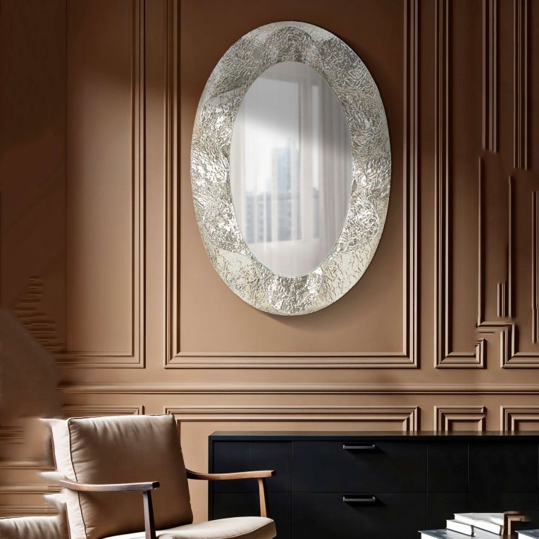Specchio Argento Trasparente Cornice Effetto Materico Forma Ovale 88x128h cm, Tipologia a Parete - Daga