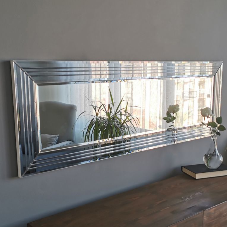 Specchio Argento Trasparente Dettagli Geometrici Forma Rettangolare 120x40h cm, Tipologia a Parete - Varallo
