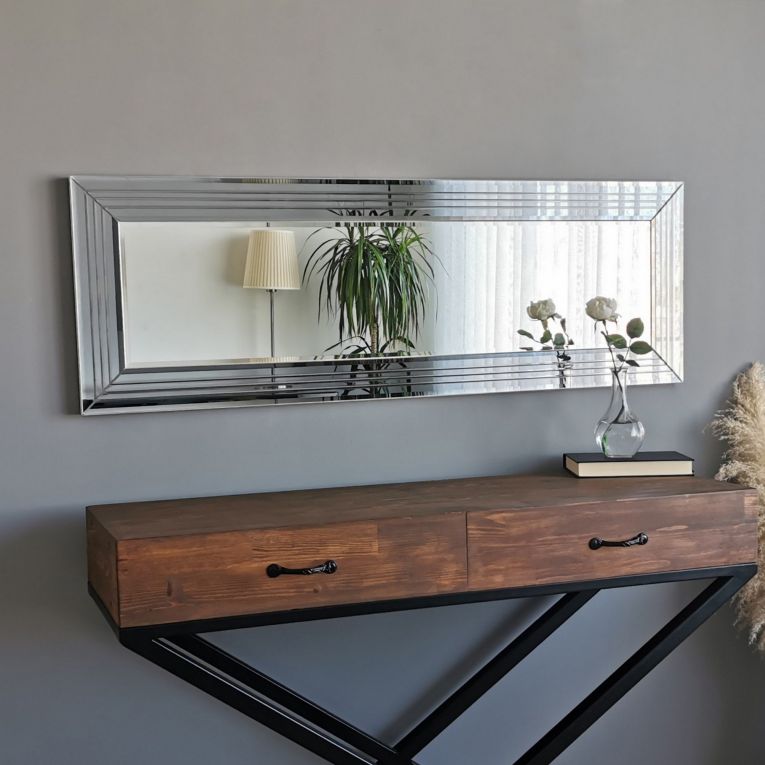 Specchio Argento Trasparente Dettagli Geometrici Forma Rettangolare 120x40h cm, Tipologia a Parete - Varallo