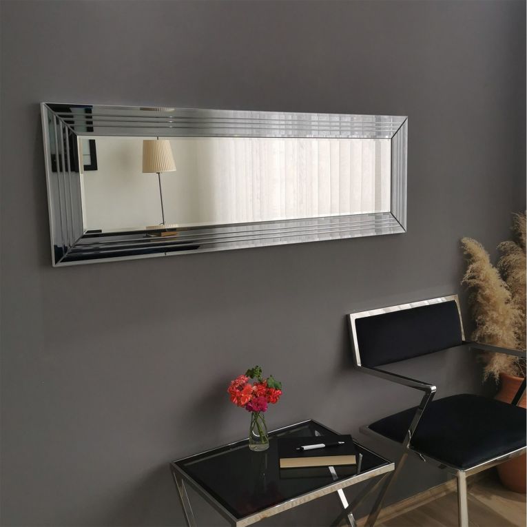 Specchio Argento Trasparente Dettagli Geometrici Forma Rettangolare 120x40h cm, Tipologia a Parete - Varallo