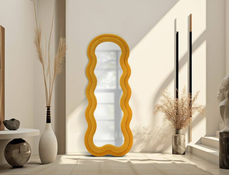 Specchio Baquirivu, Specchiera, Articolo d'arredo a muro, Decorazione con specchio, 40x4 h160 cm, Ocra
