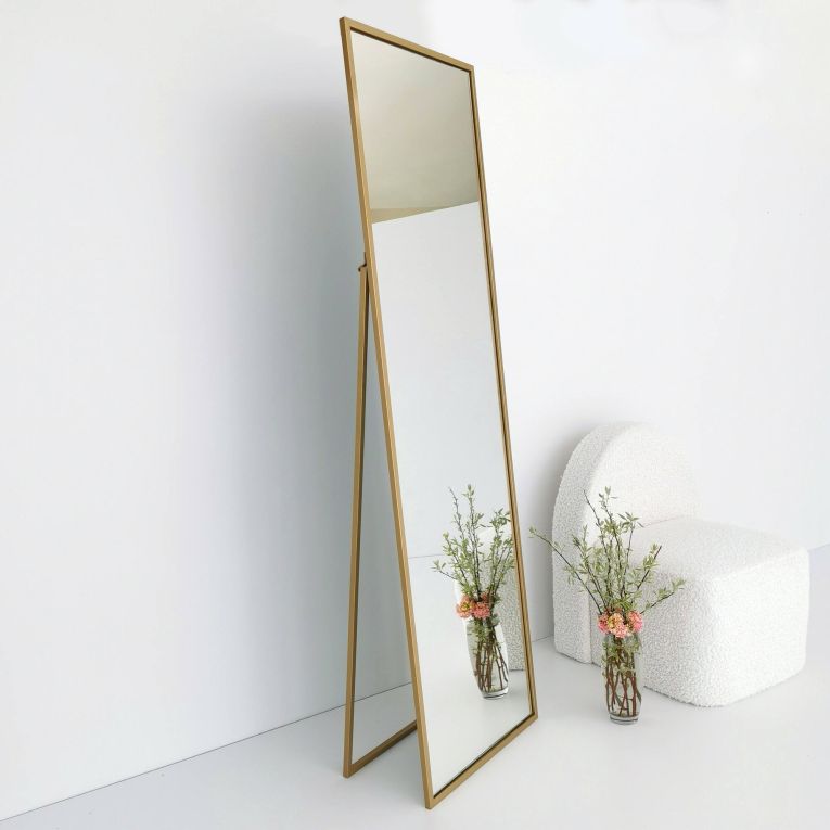 Specchio Becrux, Specchiera, Articolo d'arredo a muro, Decorazione con specchio, 50x60 h170 cm, Oro