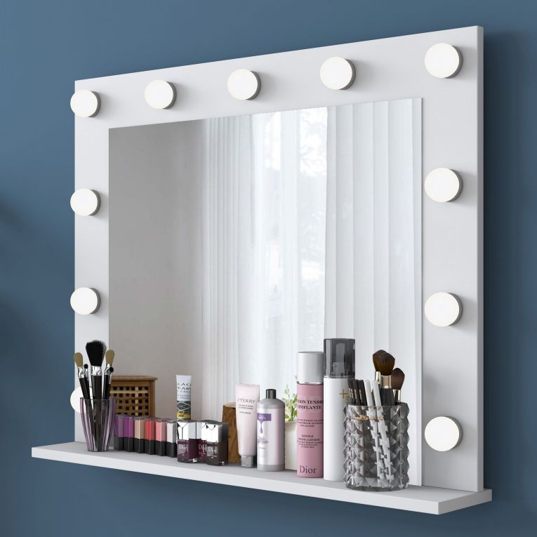 Specchio Bianco con Mensola e Lampadine Forma Rettangolare 90x72h cm, Tipologia da Parete - Storo