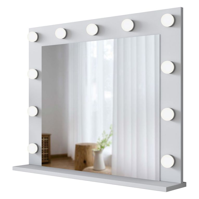 Specchio Bianco con Mensola e Lampadine Forma Rettangolare 90x72h cm, Tipologia da Parete - Storo