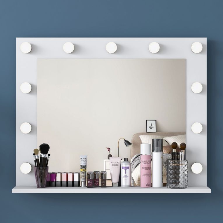 Specchio Bianco con Mensola e Lampadine Forma Rettangolare 90x72h cm, Tipologia da Parete - Storo