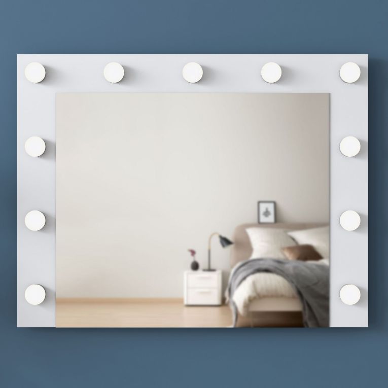 Specchio Bianco con Mensola e Lampadine Forma Rettangolare 90x72h cm, Tipologia da Parete - Storo