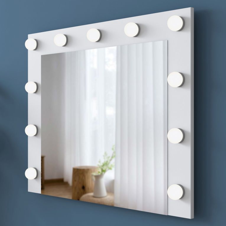 Specchio Bianco con Mensola e Lampadine Forma Rettangolare 90x72h cm, Tipologia da Parete - Storo