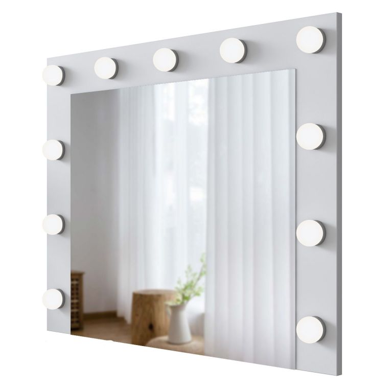 Specchio Bianco con Mensola e Lampadine Forma Rettangolare 90x72h cm, Tipologia da Parete - Storo