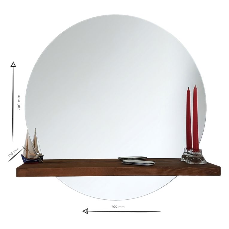 Specchio Marrone Noce Trasparente Mensola Inclusa Forma Rotondo 70x70h cm, Colore Struttura Trasparente - Spello