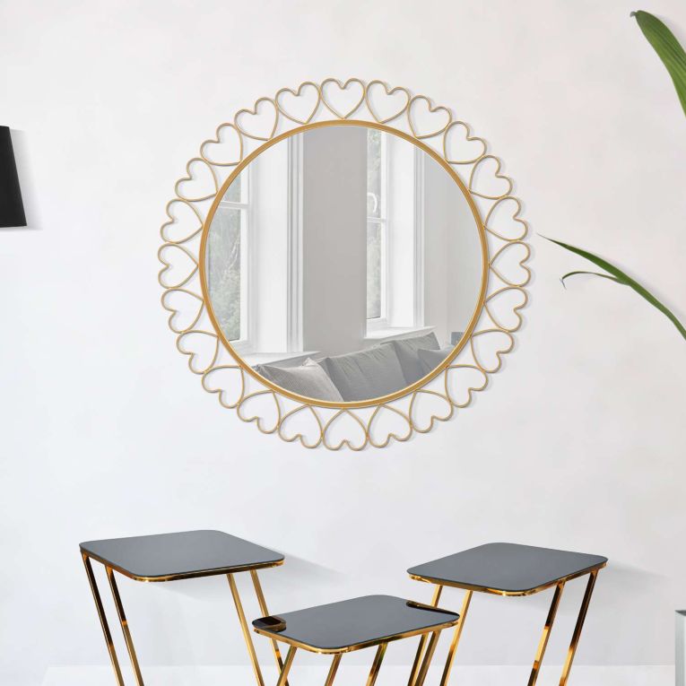 Specchio oro Trasparente Cornice con Cuori Forma Rotondo 80x80h cm, Tipologia a Parete - Fatatoza