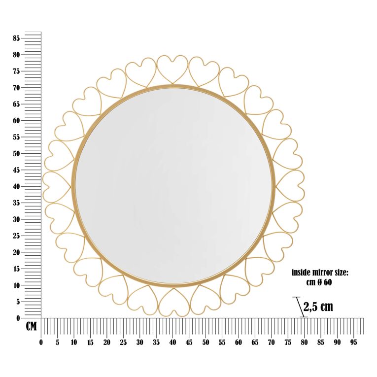 Specchio oro Trasparente Cornice con Cuori Forma Rotondo 80x80h cm, Tipologia a Parete - Fatatoza