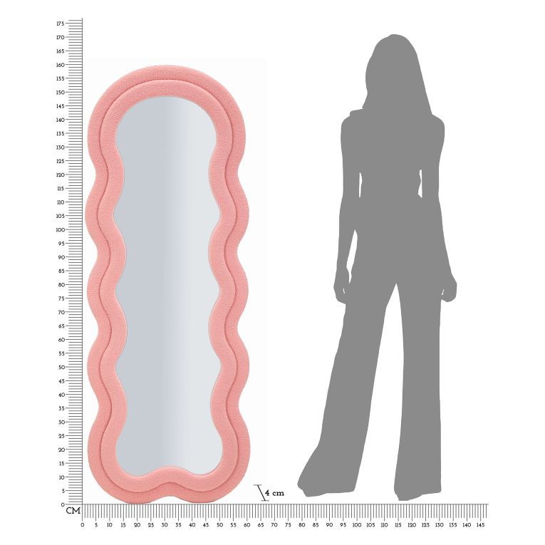 Specchio Rosa Trasparente Cornice Ondulata Tessuto Teddy Forma Rettangolare 60x160h cm, Tipologia a Parete - Marylin