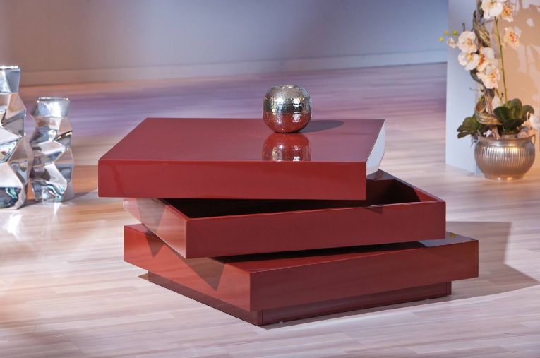 Tavolino con doppio ripiano rotante in MDF laccato rosso lucido