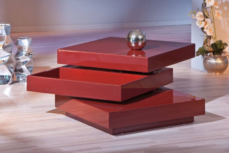 Tavolino con doppio ripiano rotante in MDF laccato rosso lucido