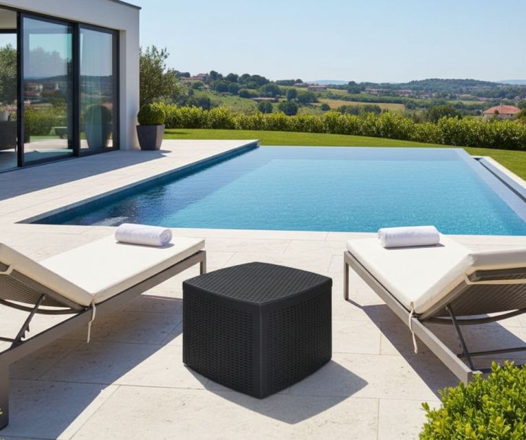 Tavolino da esterno Faenza, Tavolino contenitore multiuso, Tavolo basso effetto rattan, 100% Made in Italy, 53x53h40 cm, Antracite