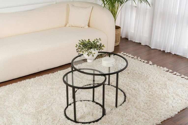 Tavolino da salotto Abbadesse, Tavolo basso da caffè, Portariviste per divano, Ripiano da soggiorno, 60x60 h43 cm, Nero e Trasparente