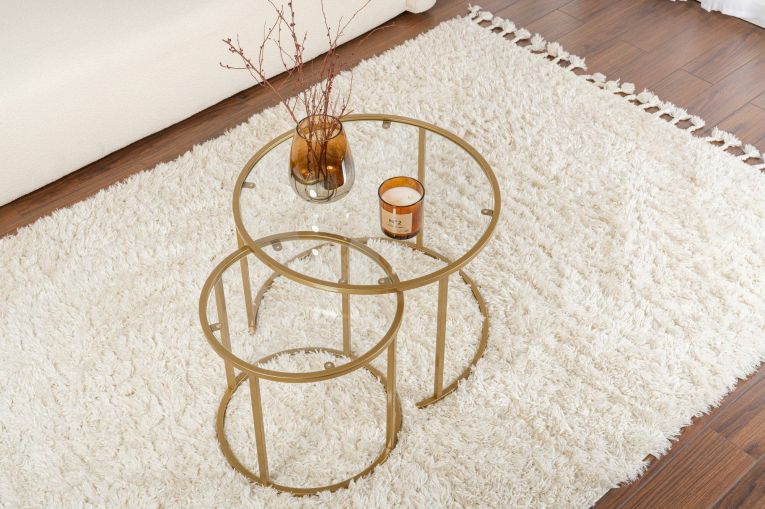 Tavolino da salotto Abbadesse, Tavolo basso da caffè, Portariviste per divano, Ripiano da soggiorno, 60x60 h43 cm, Oro e Trasparente