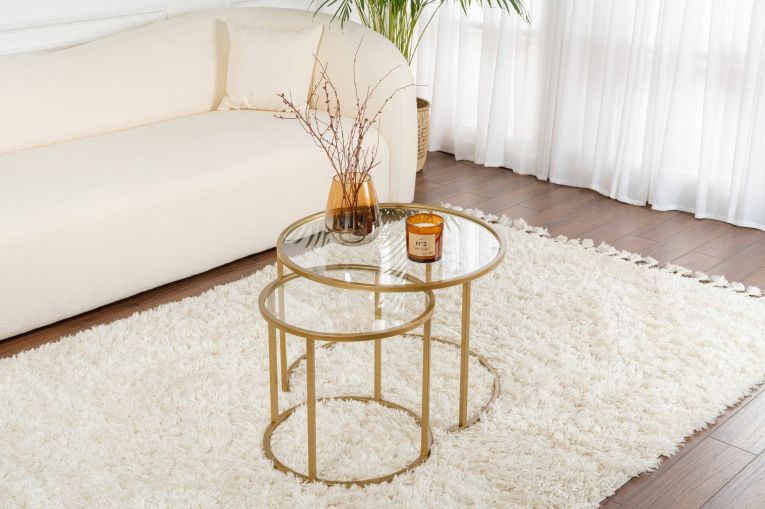 Tavolino da salotto Abbadesse, Tavolo basso da caffè, Portariviste per divano, Ripiano da soggiorno, 60x60 h43 cm, Oro e Trasparente