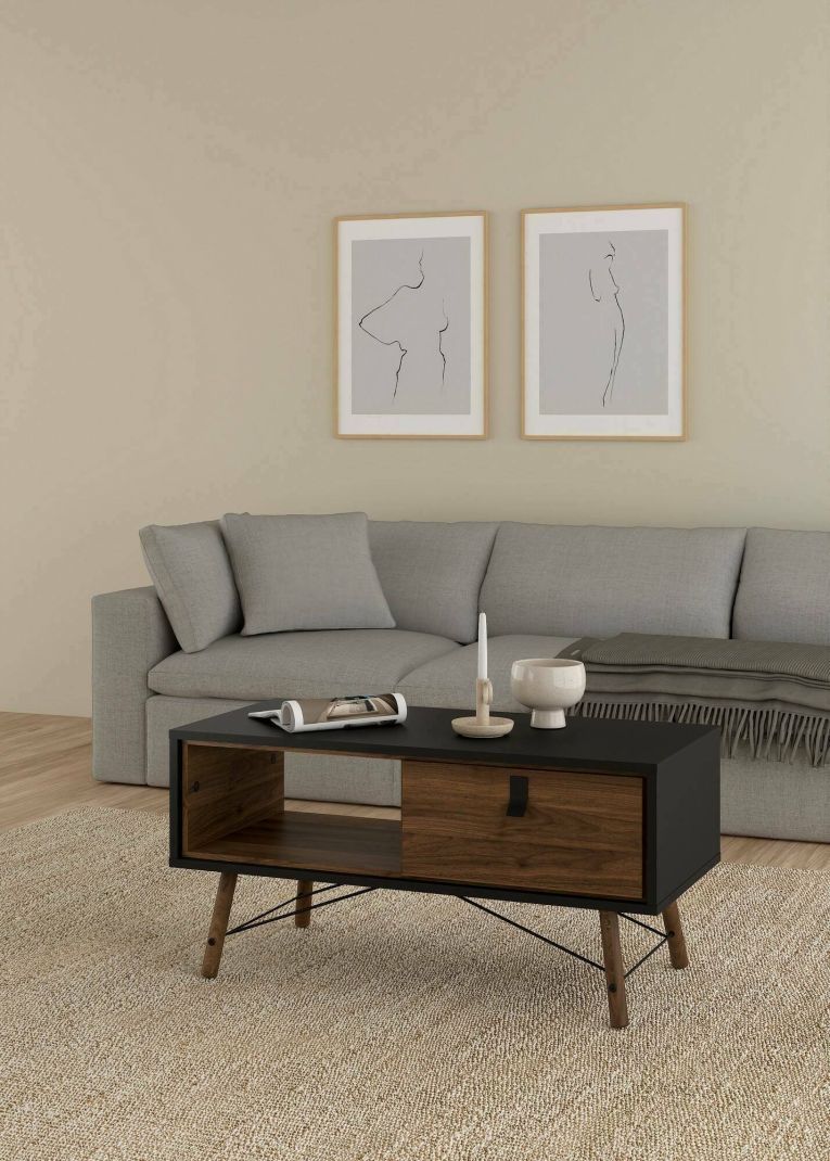 Tavolino da salotto Alaine, Tavolo basso da caffè, Portariviste per divano, Ripiano da soggiorno, 48x102 h50 cm, Nero e Noce
