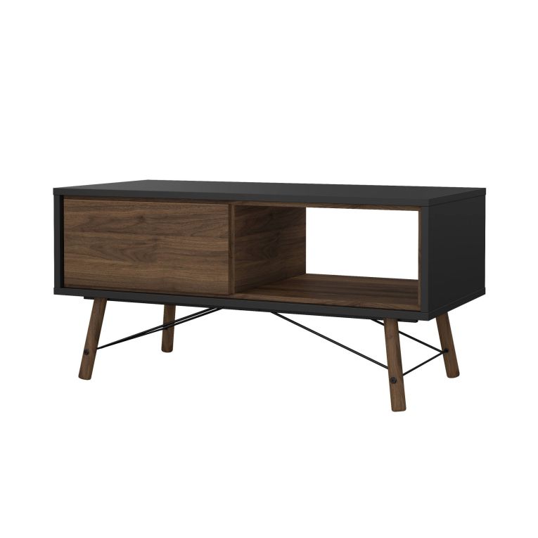 Tavolino da salotto Alaine, Tavolo basso da caffè, Portariviste per divano, Ripiano da soggiorno, 48x102 h50 cm, Nero e Noce