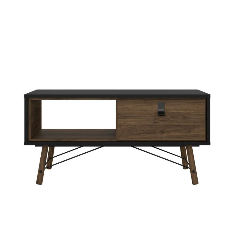 Tavolino da salotto Alaine, Tavolo basso da caffè, Portariviste per divano, Ripiano da soggiorno, 48x102 h50 cm, Nero e Noce