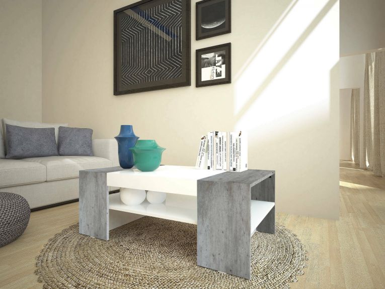Tavolino da salotto Ashar, cm 110x60h40, Bianco lucido e Cemento