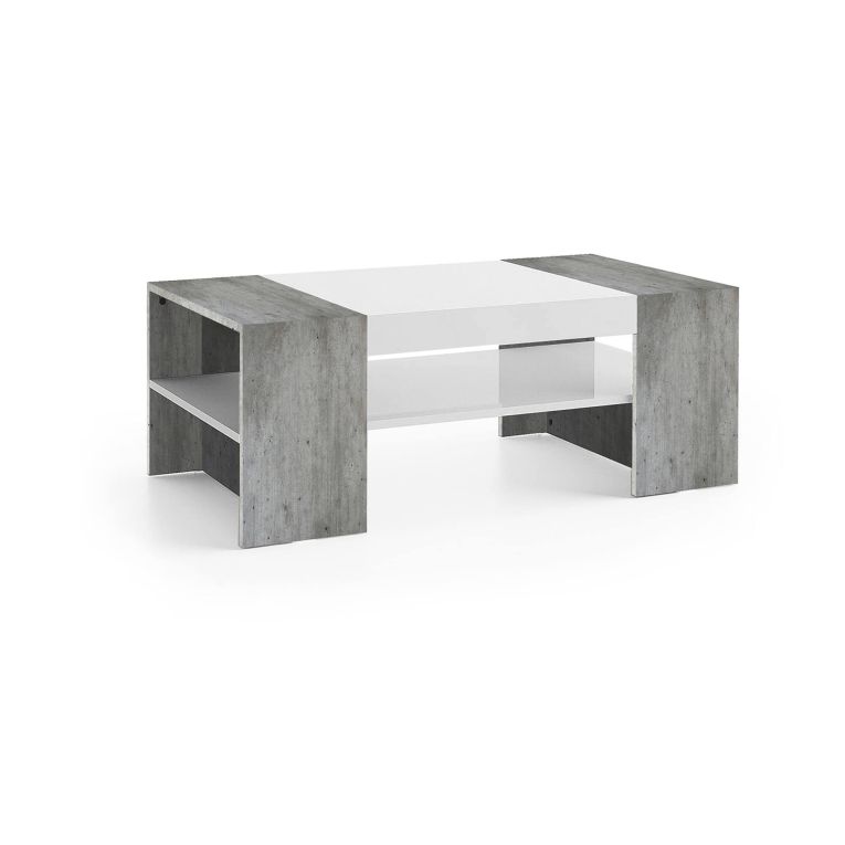 Tavolino da salotto Ashar, cm 110x60h40, Bianco lucido e Cemento