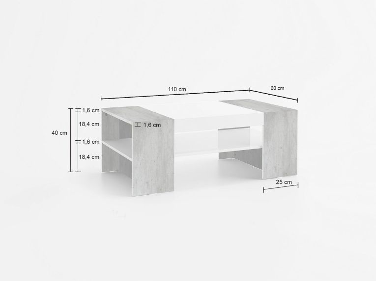 Tavolino da salotto Ashar, cm 110x60h40, Bianco lucido e Cemento
