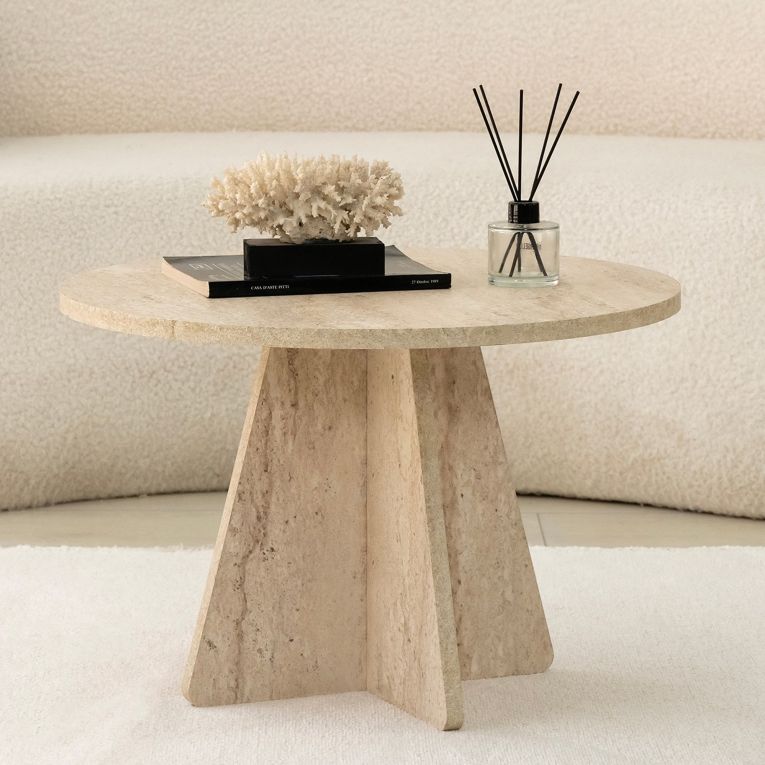 Tavolino da Salotto Beige Marmo Forma Rotondo Materiale Piano in Legno Nobilitato 60x60x40h cm, Colore Ripiano Beige - Armanda