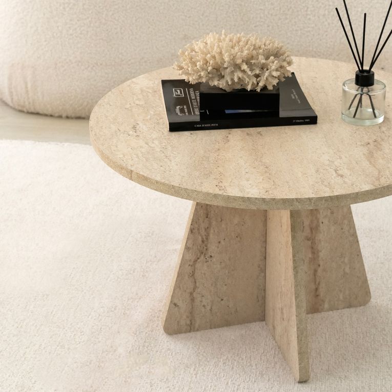 Tavolino da Salotto Beige Marmo Forma Rotondo Materiale Piano in Legno Nobilitato 60x60x40h cm, Colore Ripiano Beige - Armanda