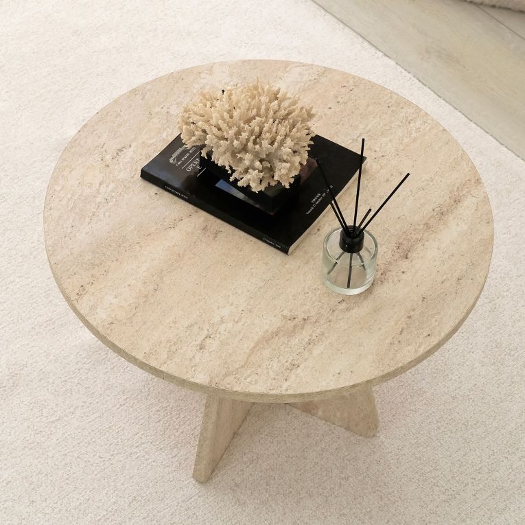 Tavolino da Salotto Beige Marmo Forma Rotondo Materiale Piano in Legno Nobilitato 60x60x40h cm, Colore Ripiano Beige - Armanda