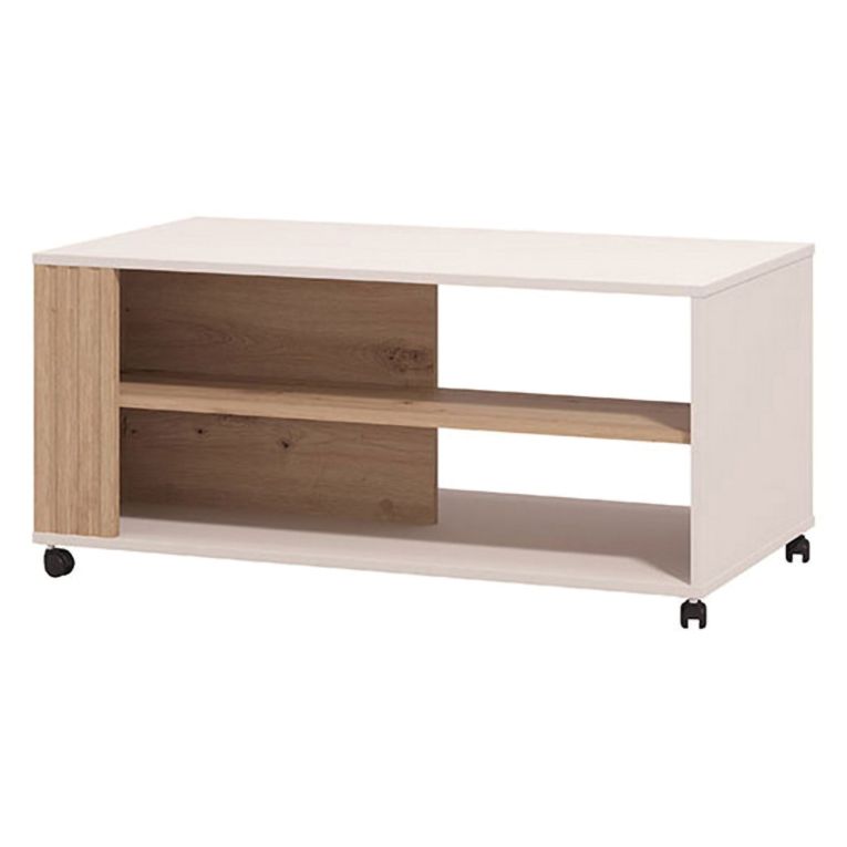 Tavolino da Salotto Beige Marrone Rovere Nodi con Ruote 2 Vani 101x54.5x46h cm, Forma Rettangolare - Dosso