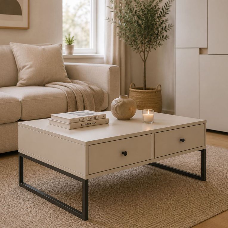 Tavolino da Salotto Beige Nero 2 Cassetti 2 Vani 77x60x36h cm, Forma Rettangolare - Liparoza