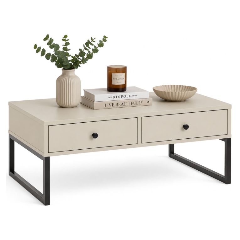 Tavolino da Salotto Beige Nero 2 Cassetti 2 Vani 77x60x36h cm, Forma Rettangolare - Liparoza