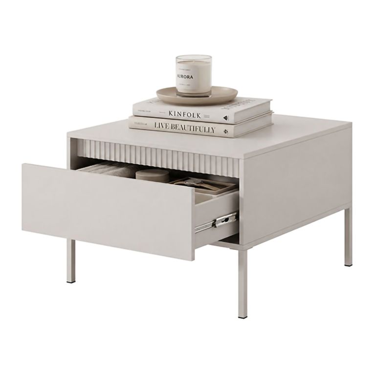 Tavolino da Salotto Beige un Cassetto con Piedini 68x48x68h cm, Forma Quadrato - Kasinela