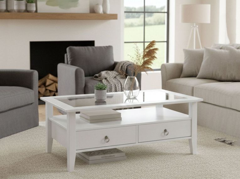 Tavolino da Salotto Bianco 2 Cassetti Portariviste 115x60x45h cm, un Vano - Minturno