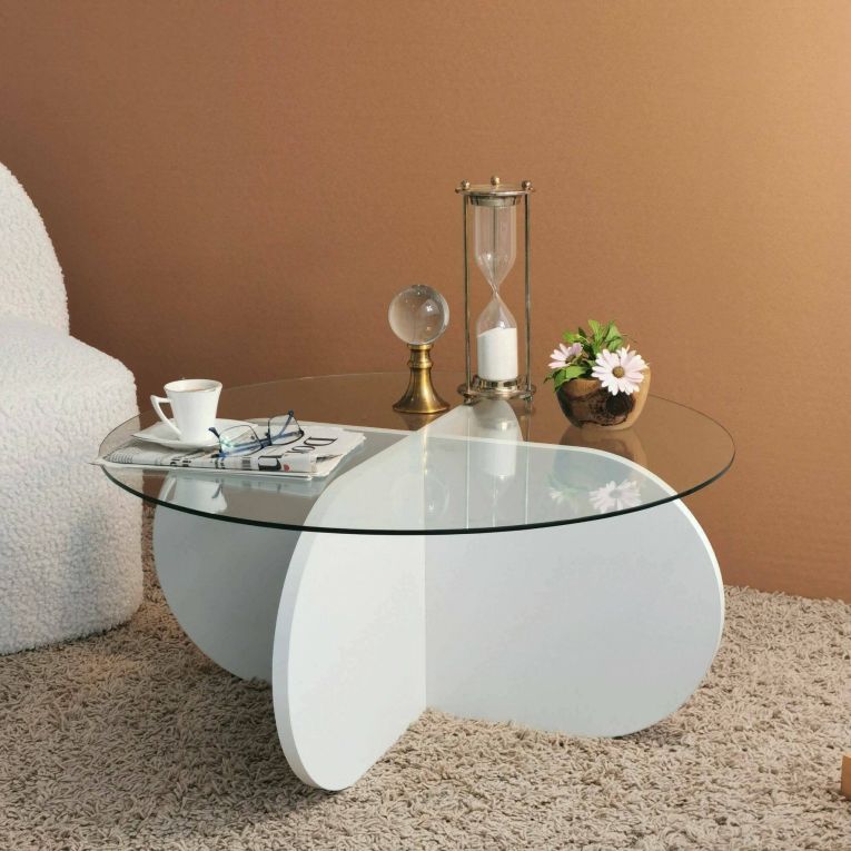 Tavolino da Salotto Bianco Forma Rotonda Materiale Piano in Vetro 75x75x35h cm, Colore Ripiano Trasparente - Nila