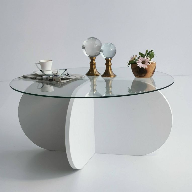 Tavolino da Salotto Bianco Forma Rotonda Materiale Piano in Vetro 75x75x35h cm, Colore Ripiano Trasparente - Nila
