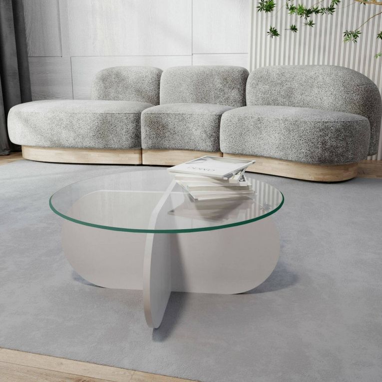 Tavolino da Salotto Bianco Forma Rotonda Materiale Piano in Vetro 75x75x35h cm, Colore Ripiano Trasparente - Nila