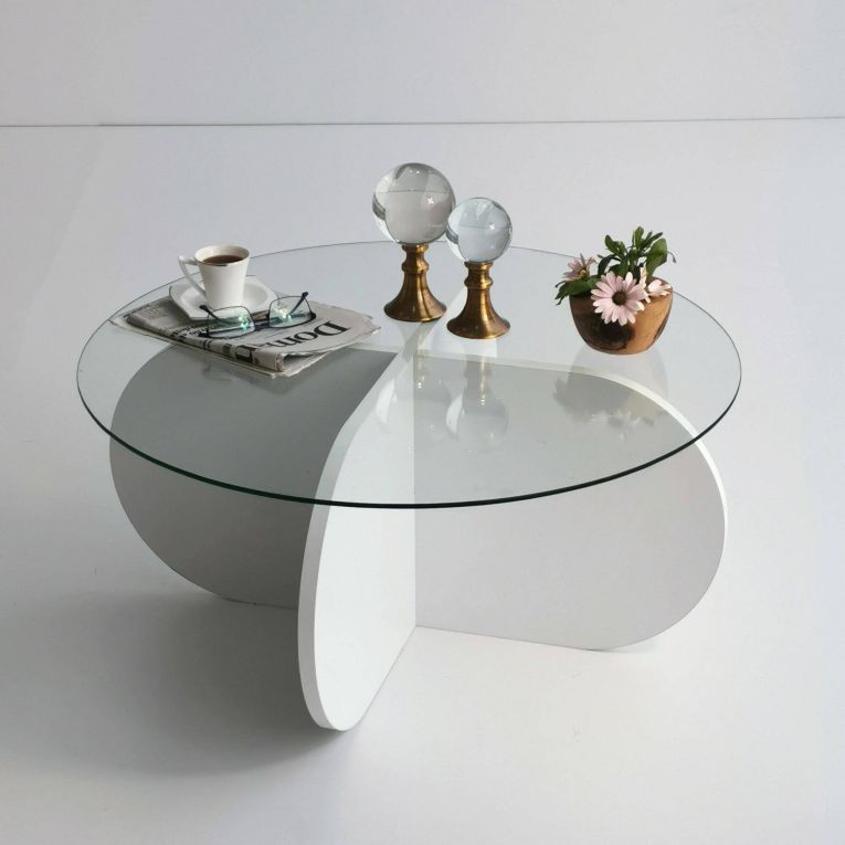 Tavolino da Salotto Bianco Forma Rotonda Materiale Piano in Vetro 75x75x35h cm, Colore Ripiano Trasparente - Nila