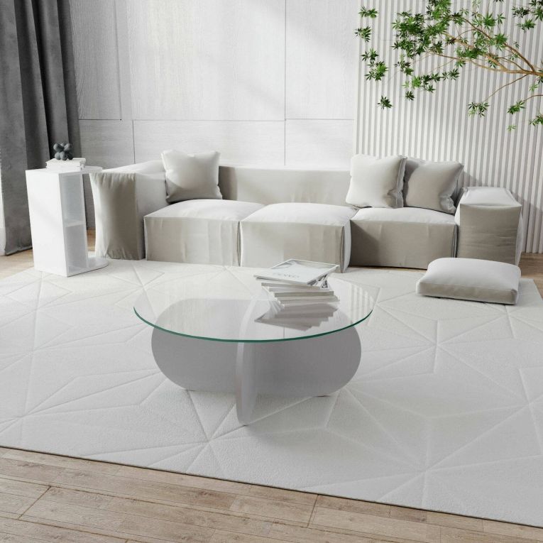 Tavolino da Salotto Bianco Forma Rotonda Materiale Piano in Vetro 75x75x35h cm, Colore Ripiano Trasparente - Nila