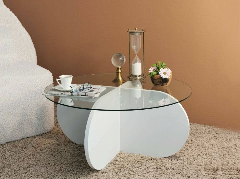 Tavolino da Salotto Bianco Forma Rotonda Materiale Piano in Vetro 75x75x35h cm, Colore Ripiano Trasparente - Nila