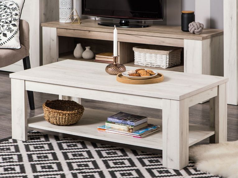 Tavolino da Salotto Bianco Larice un Vano Forma Rettangolare 120x60x41.5h cm, Sfumatura Colore Ripiano Larice - Front