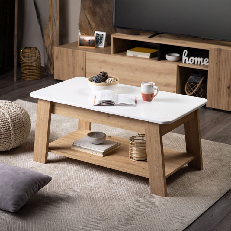 Tavolino da Salotto Bianco Lucido Marrone Rovere Nodi un Vano Forma Rettangolare 101x54.5x46.5h cm, Colore Ripiano Bianco - Casaglia
