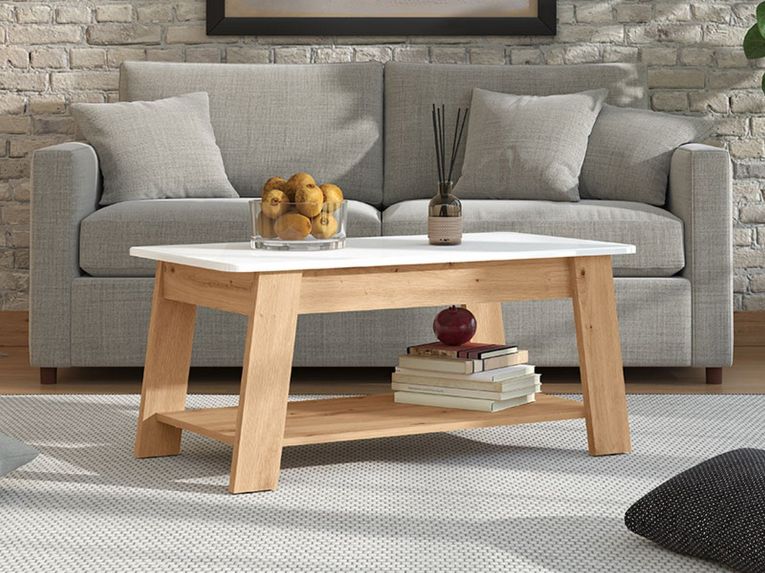 Tavolino da Salotto Bianco Lucido Marrone Rovere Nodi un Vano Forma Rettangolare 101x54.5x46.5h cm, Colore Ripiano Bianco - Casaglia