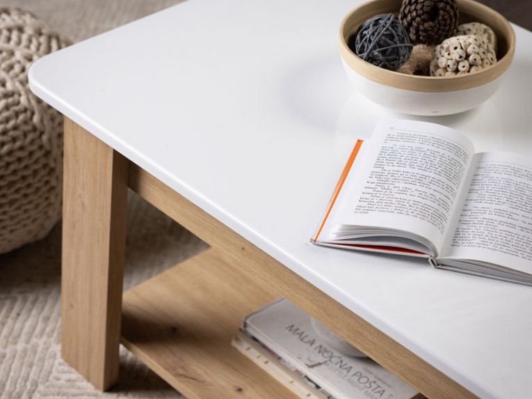 Tavolino da Salotto Bianco Lucido Marrone Rovere Nodi un Vano Forma Rettangolare 101x54.5x46.5h cm, Colore Ripiano Bianco - Casaglia