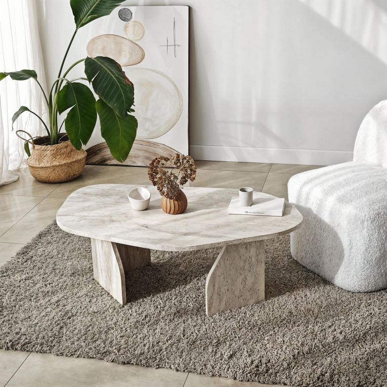 Tavolino da Salotto Bianco Marmo Forma Ovale Materiale Piano in Legno Nobilitato 100x60x35h cm, Colore Ripiano Bianco - Lozza